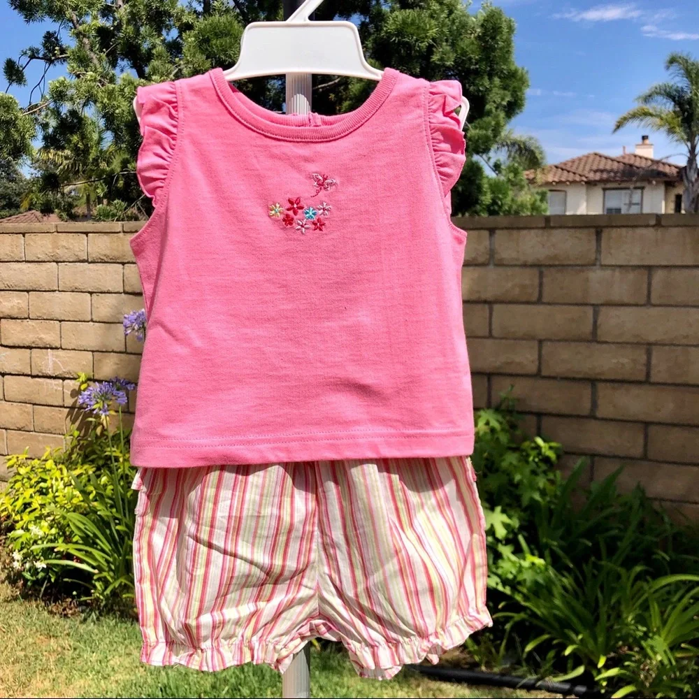 12 Month New Embroidered Flower Butterfly Tee Striped Panty Toddler Infant Girls